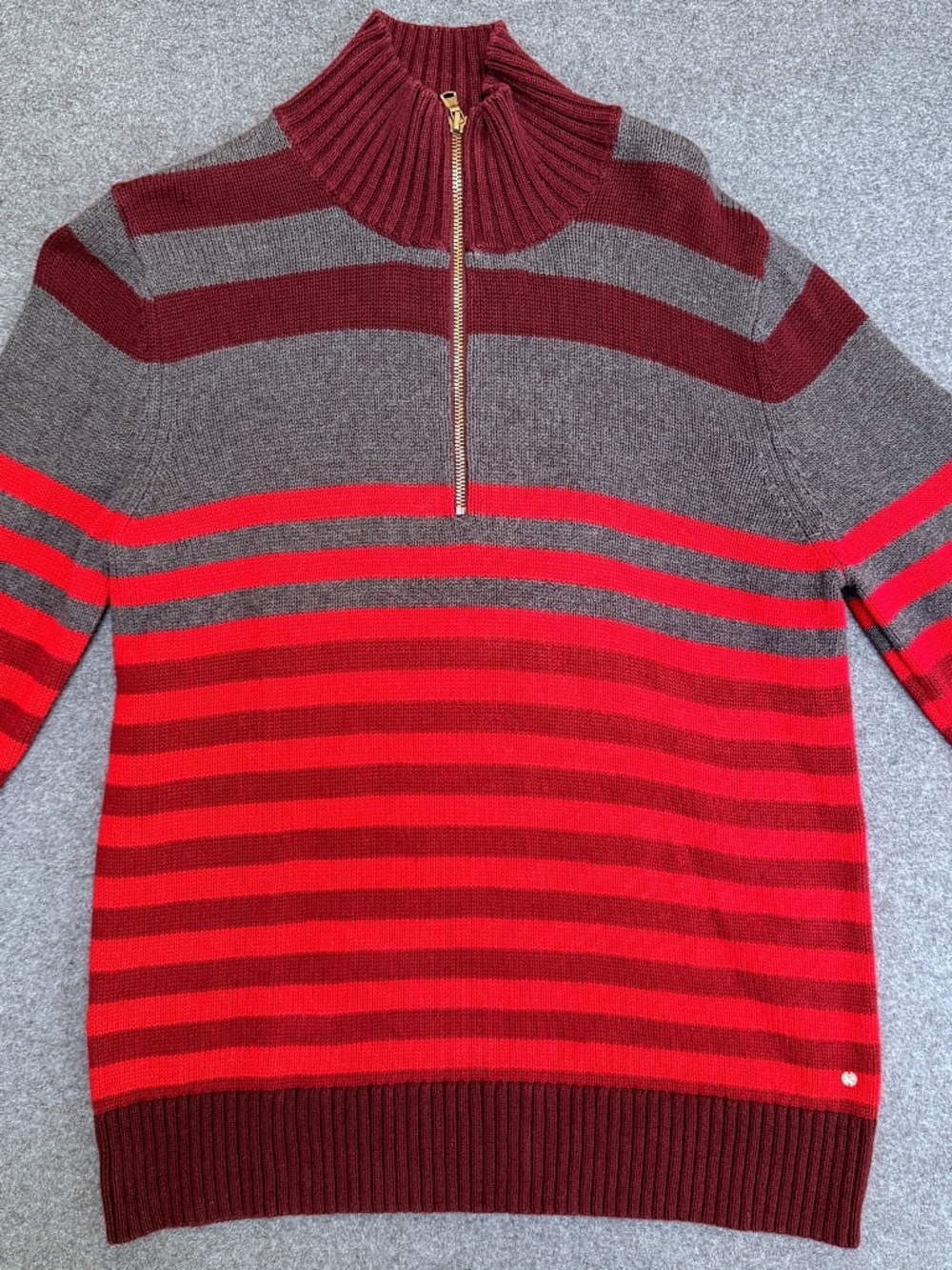 Eddie Bauer Women’s L 1/4 Zip Cotton Sweater Striped Burgundy Gray Red Mock Neck